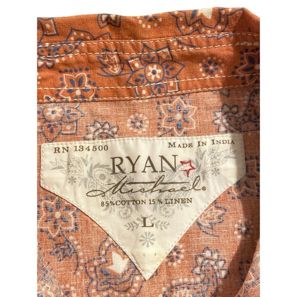 Ryan Michael Men’s L Western Snap Shirt Orange Floral Paisley Linen Pearl Snaps - Picture 6 of 11